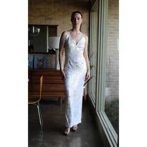 Vintage 1980s Janine Mesh Chainmail Evening Gown Dress XS Women White Gold